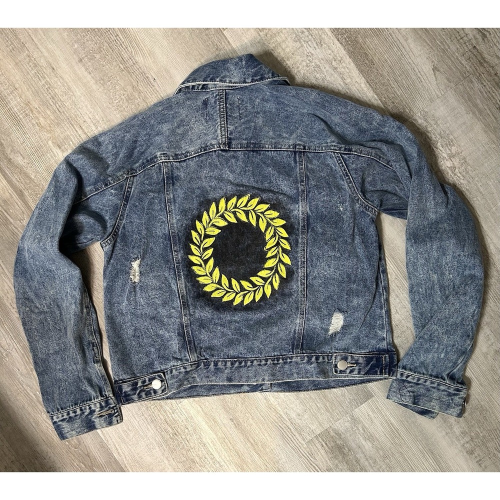 Alivia Ford Distressed medium Wash Jean Jacket With Custom Artwork Womens Size L